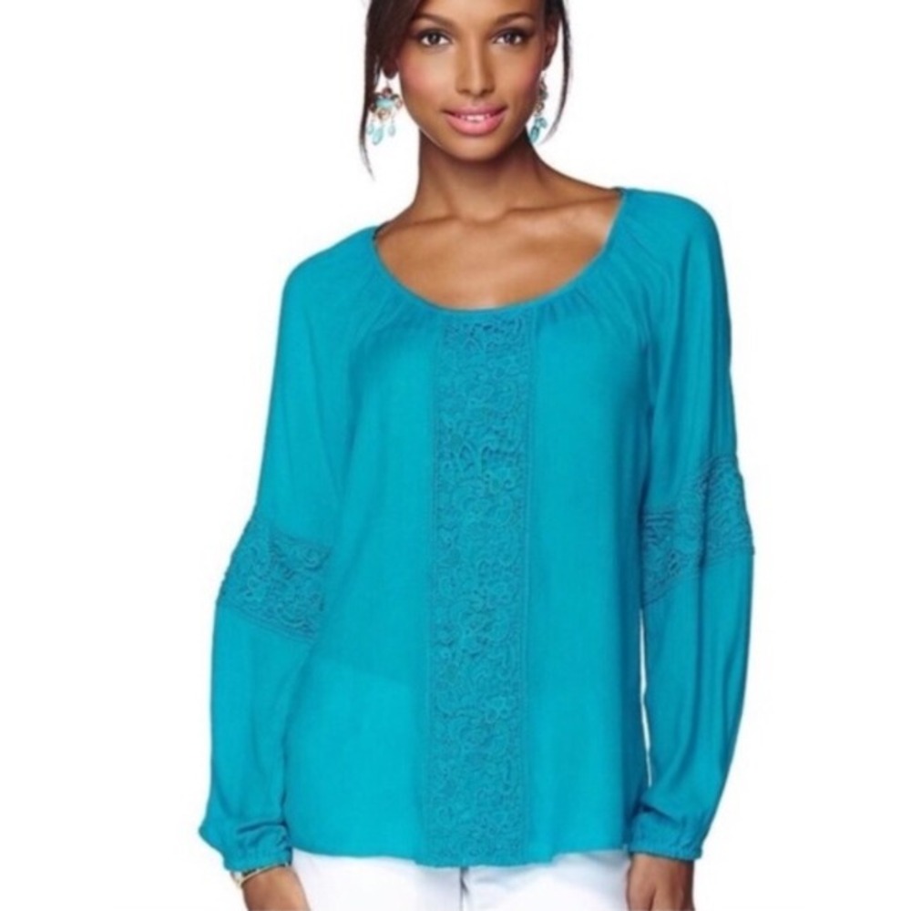 Lilly Pulitzer Briony Deep Cyan/Turquoise Peasant Top Women M Lace Crochet Boho
